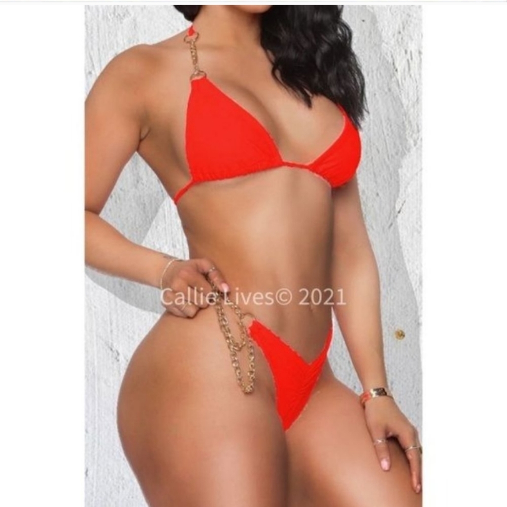 New Red Hot Gold Chain Triangle Ruched Tiny String Bikini Swim Set Medium
